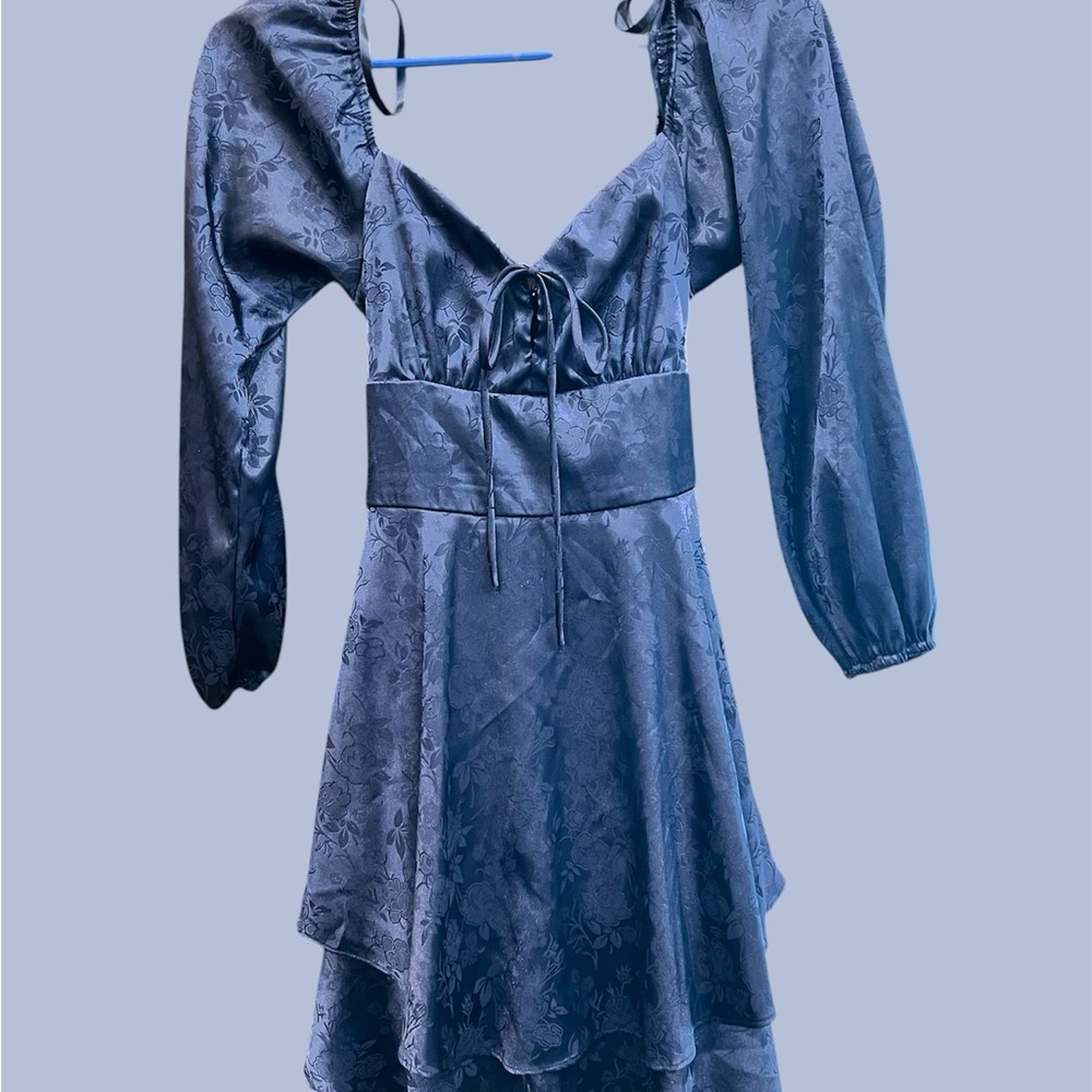 B. Darlin Navy Floral Jacquard Satin Tie-Front Dress